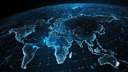 Digital world map Stylish CGI World Globe in dark Blue with connections, Symbolizing world, countries continents global connection worldwide business and human connectivity