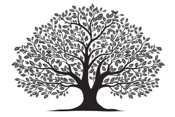 black drawing of a large tree with many branches and leaves