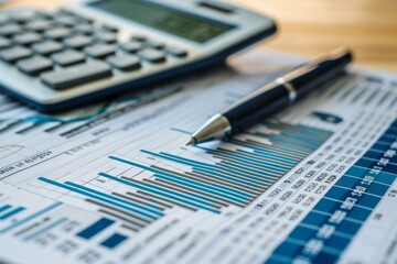 Detailed view of a financial bar graph, calculator, and pen, symbolizing business analysis