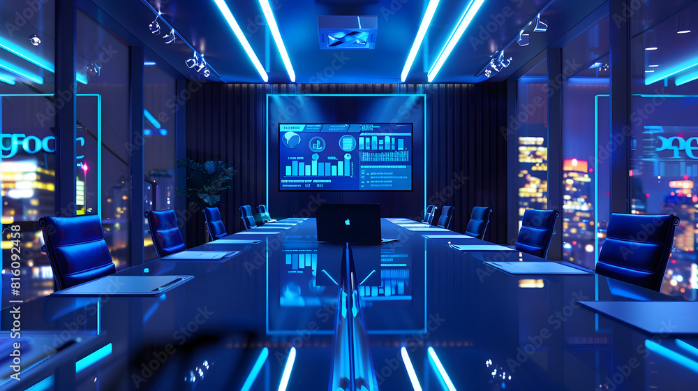 Poster modern empty meeting room with big conference table with various documents and laptop on it wall tv 