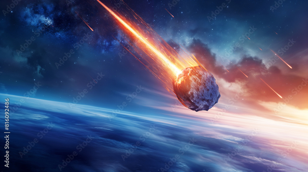 Wall mural space background planet earth and burning comet. giant asteroid is approaching to the earth. realist