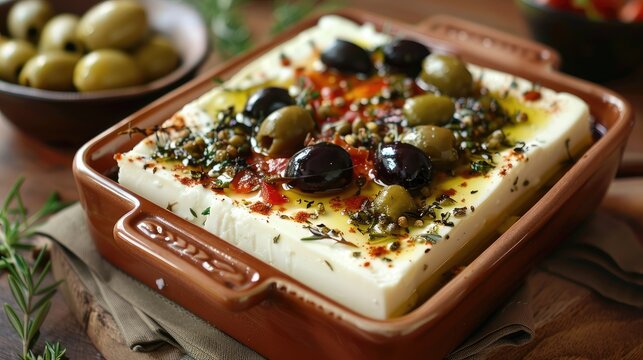Baked feta cheese with seasoned black and green olives in a baking dish - Powered by Adobe