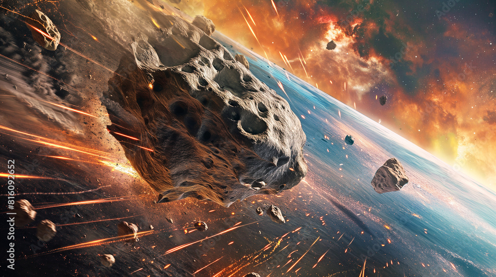 Wall mural space background planet earth and burning comet. giant asteroid is approaching the earth. realistic 