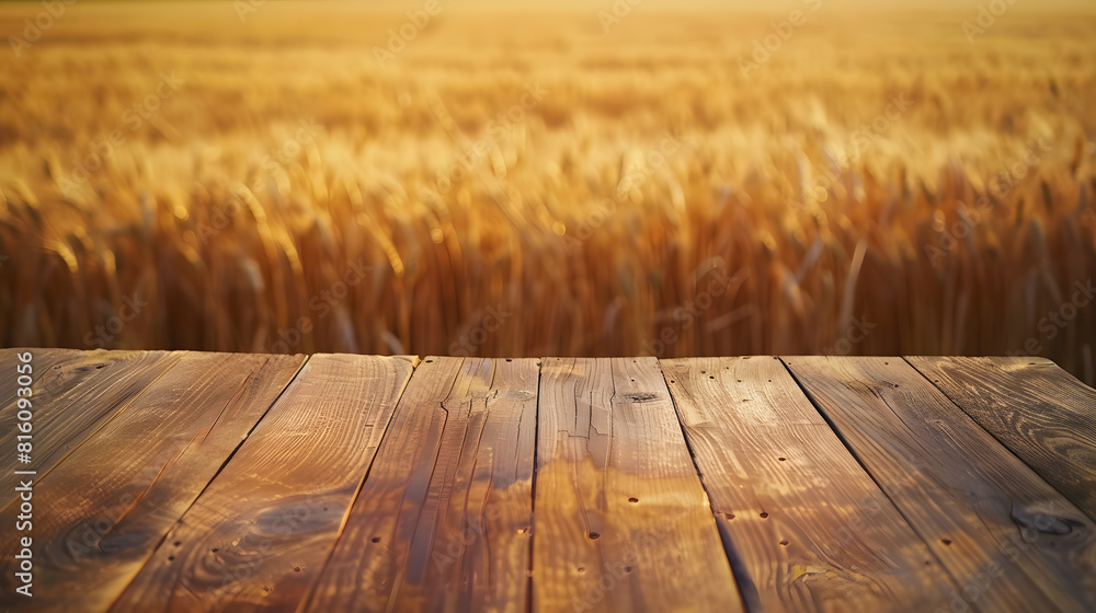 Poster The empty wooden table top with blur background of wheat farm Exuberant image : Generative AI