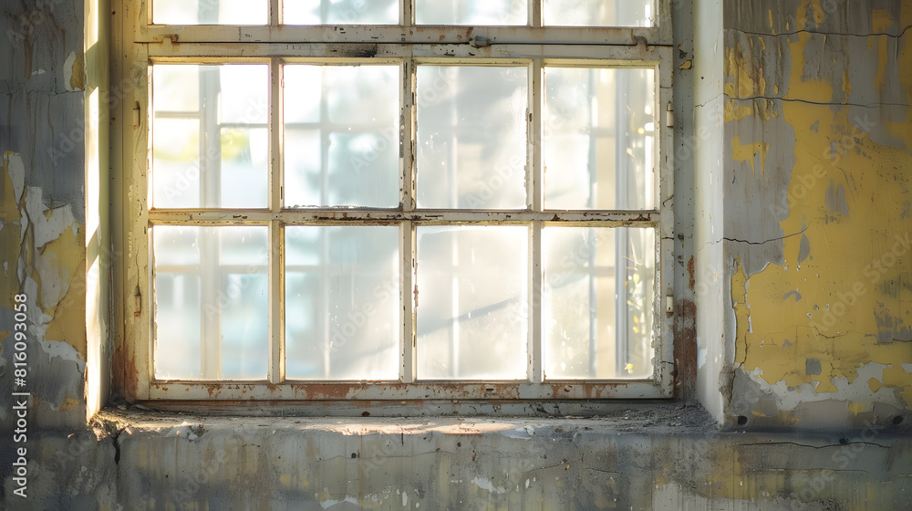 Poster old flaky window frames without glass in an abandoned building : generative ai