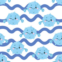 Fototapeta premium Children's vector seamless pattern with cute spiny fish balls on the background of abstract blue waves. Perfect for baby bedding, wallpaper, wrapping paper, fabric, textiles, T-shirt prints