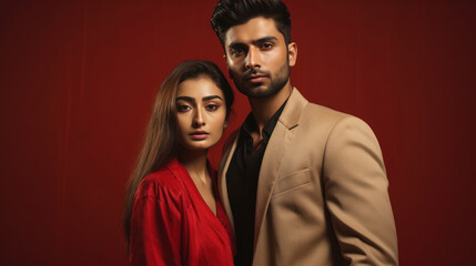 Obraz premium Young couple standing together on red background