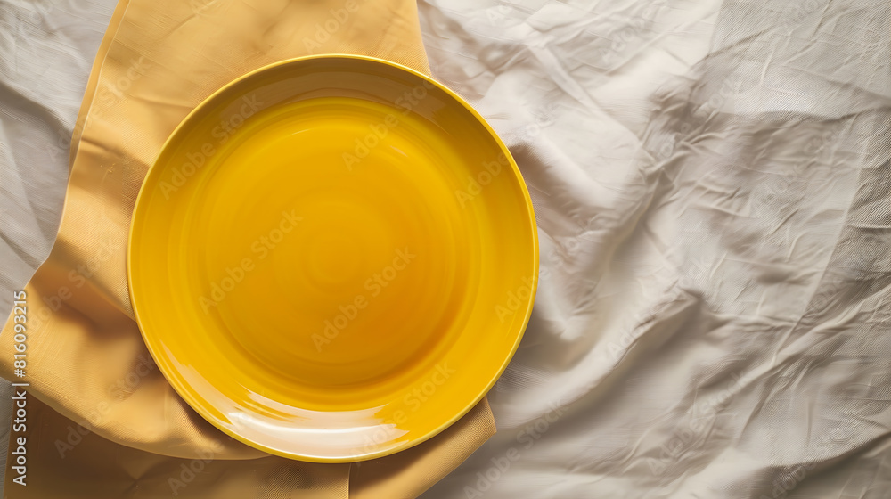 Aufkleber Top view on colored background empty round yellow plate on tablecloth for food Empty dish on napkin with space for your design : Generative AI