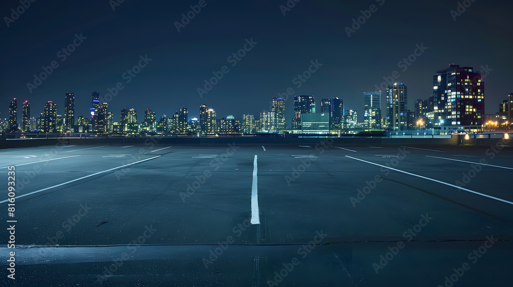 Aufkleber empty parking space in downtown with illuminated modern cityscape and buildings at night : generativ