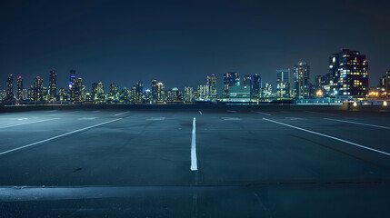 Fototapeta premium empty parking space in downtown with illuminated modern cityscape and buildings at night : Generative AI