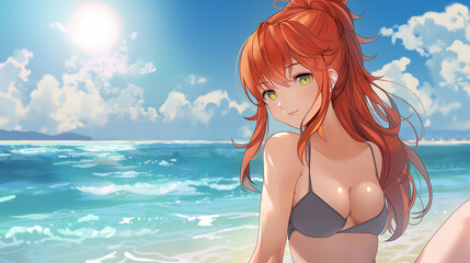 red haired anime girl sitting on beach