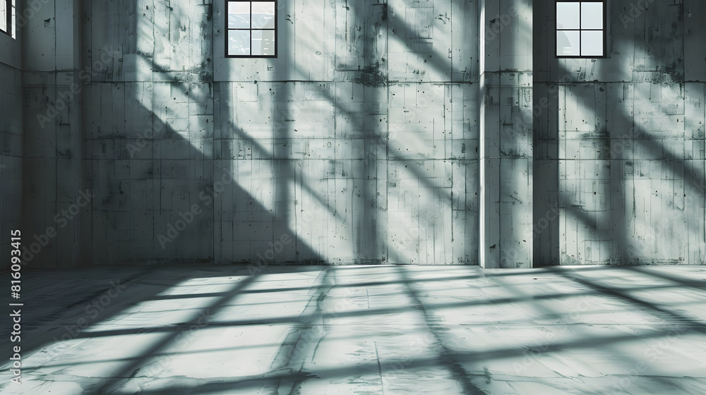 Poster empty room with large windows and sunlight grungy room with light and shadow on floor concrete wall 