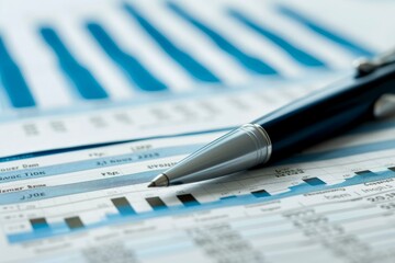 Macro shot of a silver pen resting on detailed blue financial graphs and reports