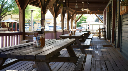 An open wooden porch with lots of wooden tables with benches Dining on the street : Generative AI