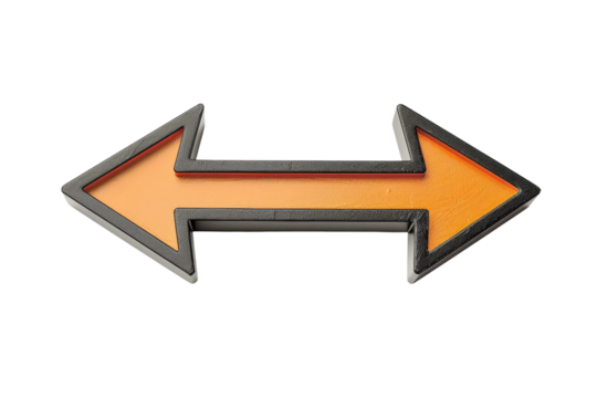 A shiny orange 3D bidirectional arrow, looks like metal or plastic.