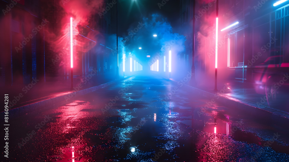 Poster Dark street reflection on wet asphalt fog night city Rays of neon light in the dark neon light smoke Empty background scene Abstract dark background : Generative AI