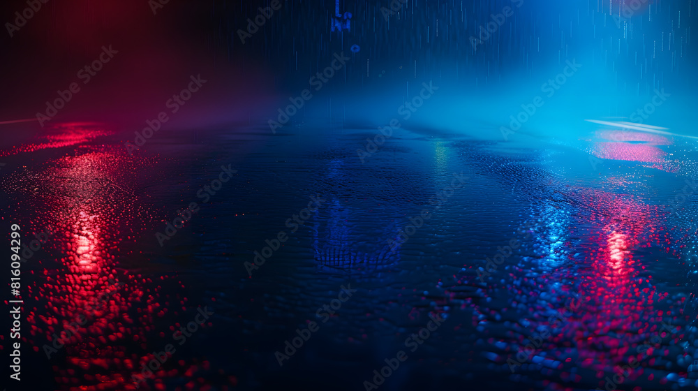 Poster dark street reflection on wet asphalt fog night city rays of neon light in the dark neon light smoke