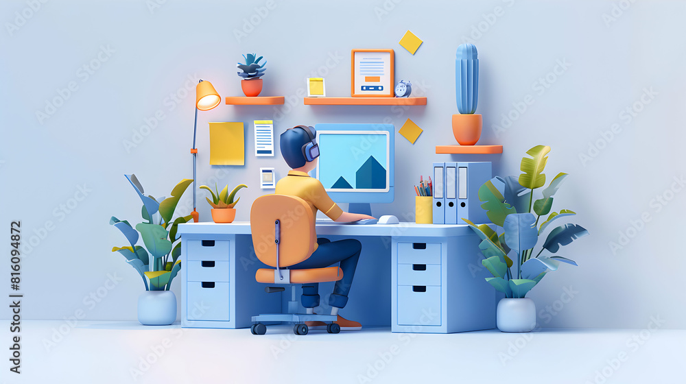 Poster professional it support technician assisting client remotely: cartoon flat style emphasizing technic