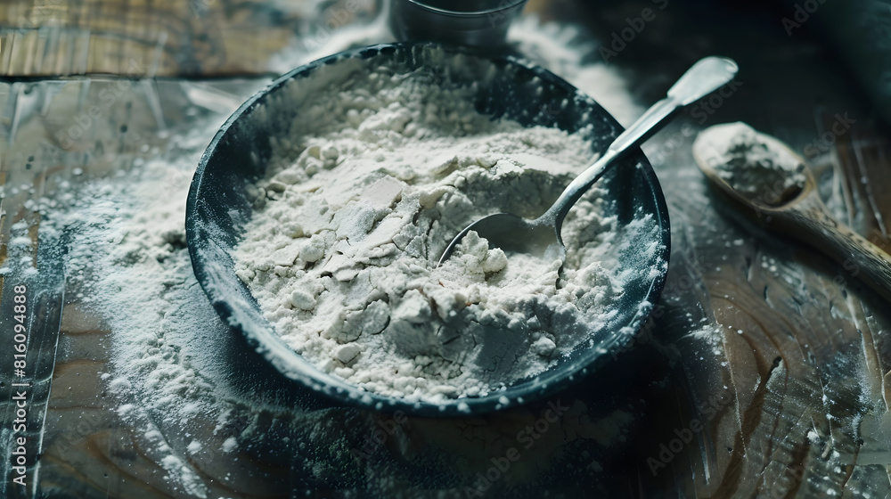 Poster flour put on plate with spoon and knife : generative ai