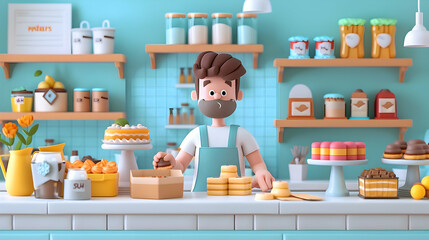 Creative Home Based Bakery Owner: Preparation for Order with Emphasis on Detail and Customer Satisfaction in Small Business Operations   3D Flat Cartoon Illustration