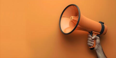 Hand holding megaphone on orange background for marketing and sales concept. Concept Marketing Strategies, Sales Promotion, Brand Awareness, Business Communication, Advertising Campaigns