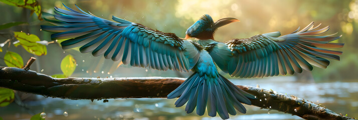 The Regal Stance of Green-Blue Bird Against the Backdrop of a Serene River Setting