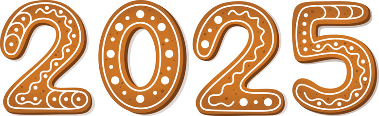 2025 numbers in gingerbread cookies style. New Year, sweet, homemade dessert or winter holiday theme. Vector illustration on white background.