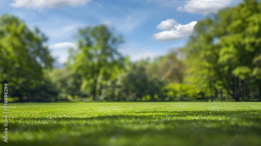 Poster beautiful blurred background image of spring nature with a neatly trimmed lawn surrounded by trees a
