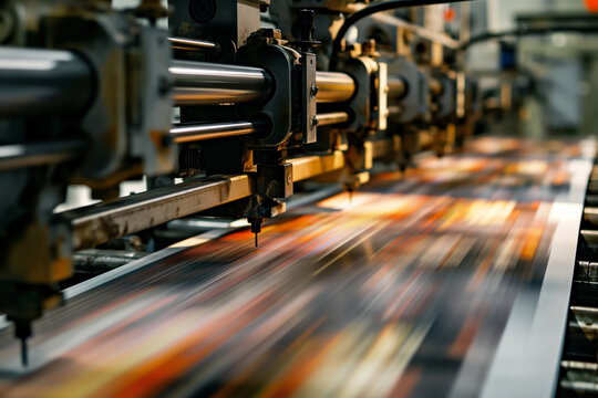 A machine in a factory prints a book using cylinders for mass production. Generative AI