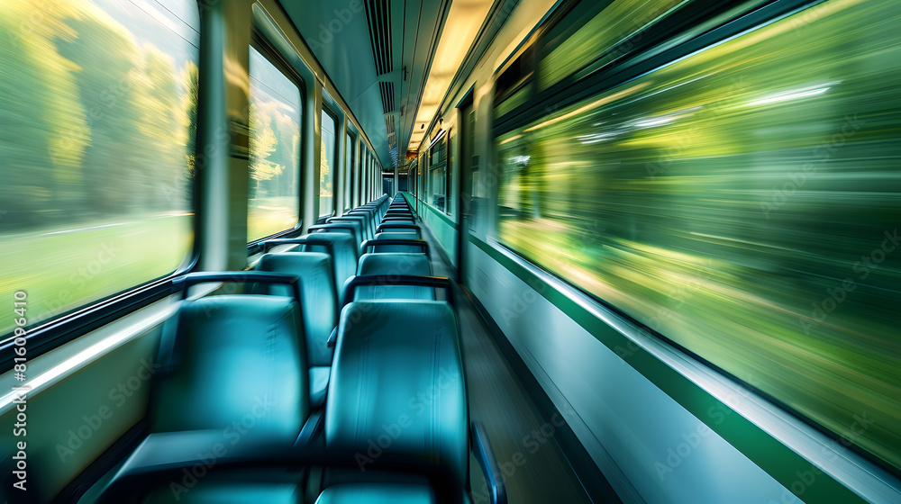 Poster passenger train with empty seats wideangle long exposure blurry green background out the window of a