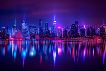 Poster New York. The Purple cityscape is mirrored in the electric Violet water at night. Generative AI