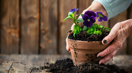 Handful of soil in old female hand Old womans hand planting home plants indoors  Several brown...
