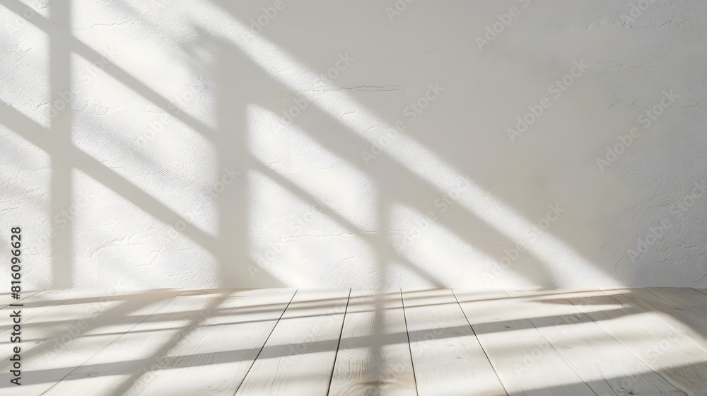 Aufkleber aesthetic geometric sunlight shadows on white textured wall and beige wooden floor empty template fo