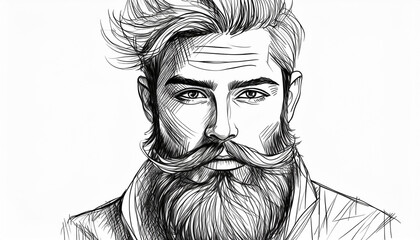 Black and white sketch of handsome bearded man. Male beauty. Abstract hand drawn art.