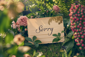 tranquil garden setting, a love letter with the words "Sorry" written in elegant script, nestled among blooming flowers and lush greenery. The image portrays the tender gesture of