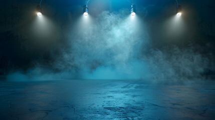 The dark stage shows dark blue background an empty dark scene neon light and spotlights The...