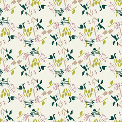 Summer meadow botanical hand drawn vector pattern. Retro fashion garden backdrop for decorative green pink floral seamless swatch. 