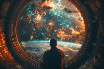 Astronaut gazes at the breathtaking view of galaxy clusters and stars from the spacecraft window, pondering the vastness and beauty of the universe