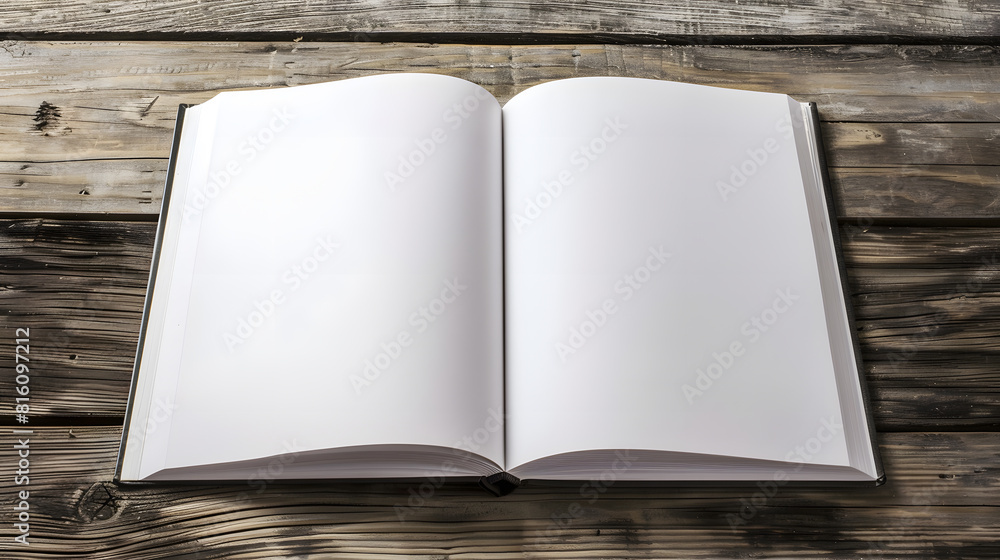 Poster blank catalog brochure book mock up empty opened magazine on wooden background : generative ai
