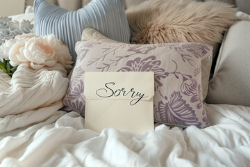 cozy bedroom, a love letter with the word "Sorry" written in cursive script, nestled amidst soft pillows and luxurious linens. The image evokes a sense of tenderness and vulnerabil