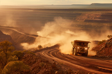 Dump truck drives through Ecoregion landscape on dirt road. Generative AI