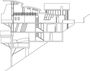 Fototapeta premium Vector illustration sketch of architectural technical drawing design looking at a villa building on the edge of a hill with split levels