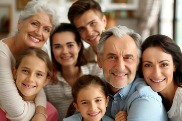 Joyful Three Generation Family Together, Grandparents, Parents, and Children smiling at camera at home