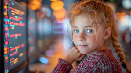 close up of Young schoolgirl sitting in front of Computer Screen with Colorful Data Visualizations looking at camera, learning and education concept