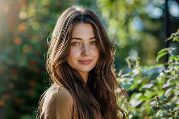 Naklejka premium A woman with long hair in a brown shirt