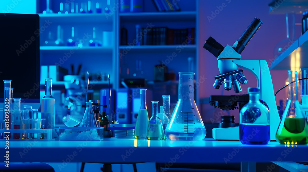 Poster Modern medical research laboratory Empty workplace of a scientist or researcher with computers microscope test tubes flasks and magnifying lamp Dark biochemical laboratory in the blue  : Generative AI