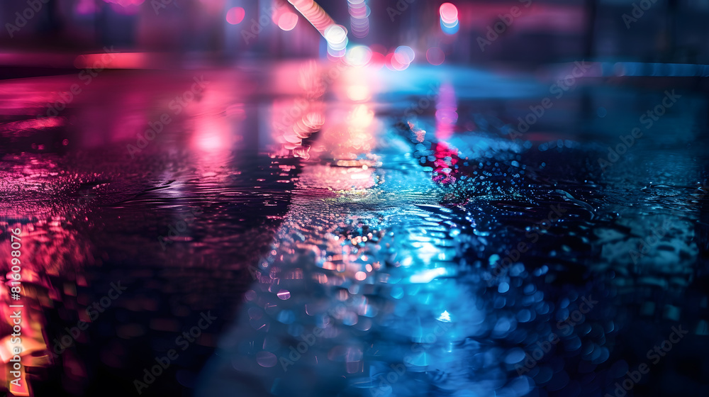 Poster light effect blurred background wet asphalt night view of the city neon reflections on the concrete 
