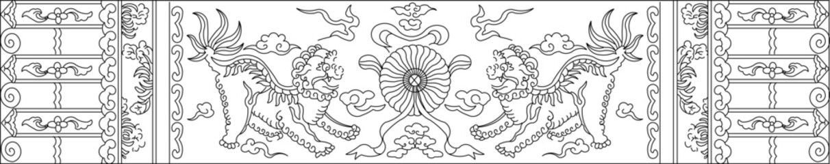 Sketch illustration vector design drawing of traditional ethnic floral animal batik carving motif 