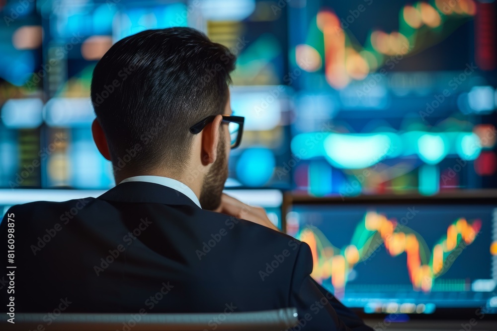 Poster rear view of a professional analyzing financial graphs on multiple computer screens