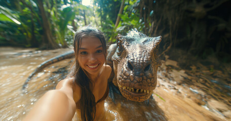 Young beautiful smiling brunette do selfie with prehistoric dinosaur in the tropical jungle